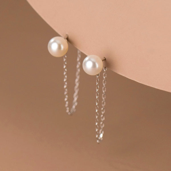 Sterling Silver Artificial Pearl Chain Earrings