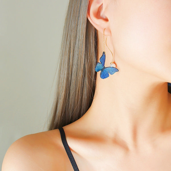 Blue Resin Butterfly Artificial Pearl Threader Earrings