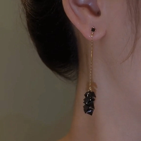 14K Gold-plated Black Crystal Tassel Earrings