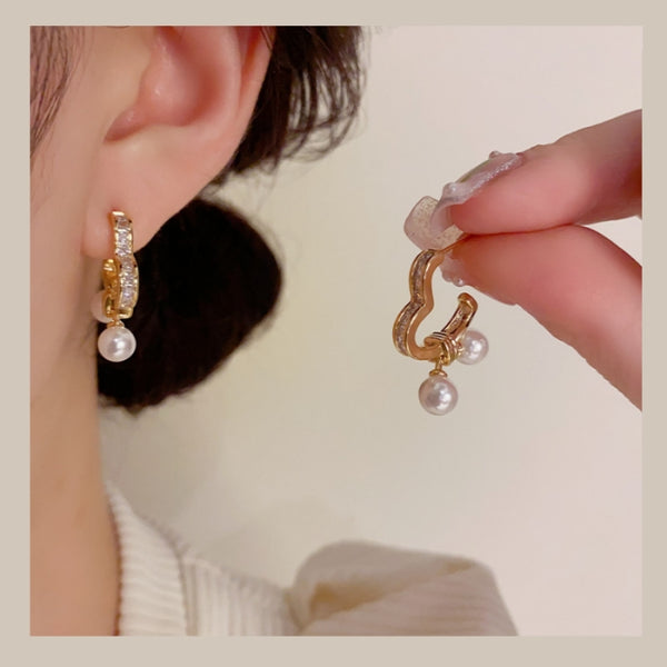 14K Gold-plated Heart Zircon Pearl Earrings