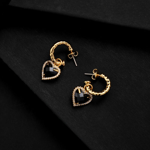 18K Gold Plated Black Gemstone Heart Design Earrings
