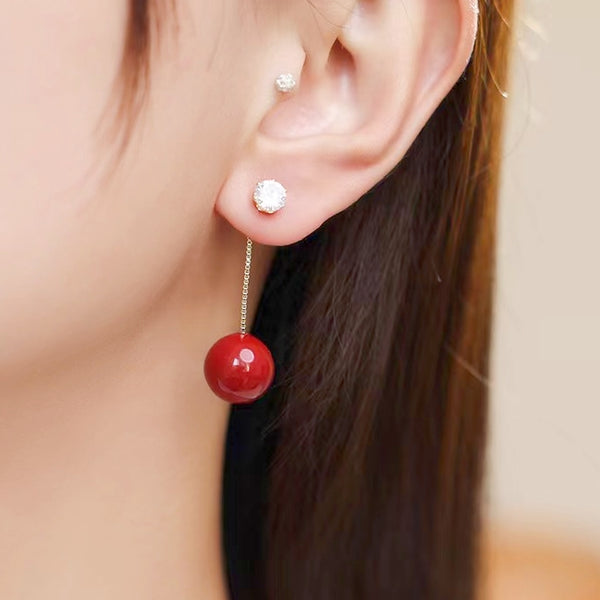 Sterling Silver Red Drop Ball Earrings