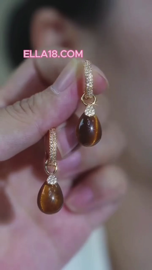 14K Gold-Plated Exquisite Zircon Tiger Eye Stone Water Drop Earrings