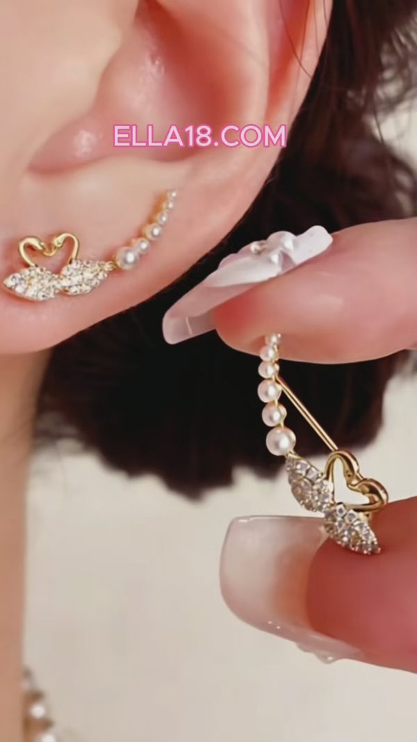 14K Gold-Plated Luxury Zircon Diamond Swan Pearl Crawler Earrings