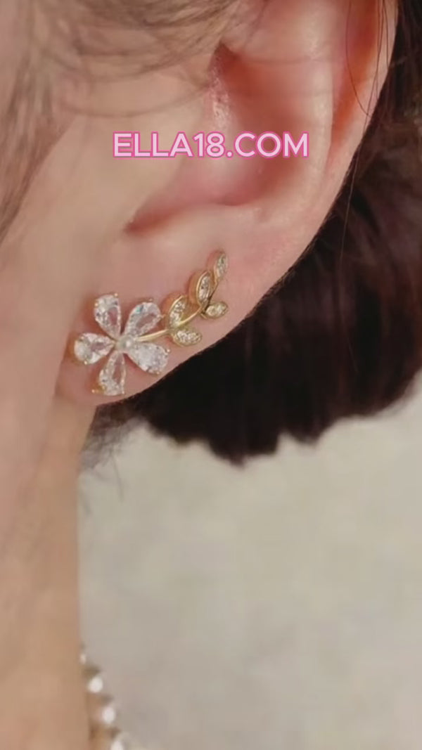 14K Gold-Plated Luxury Zircon Diamond Pearl Flower Leaf Crawler Earrings